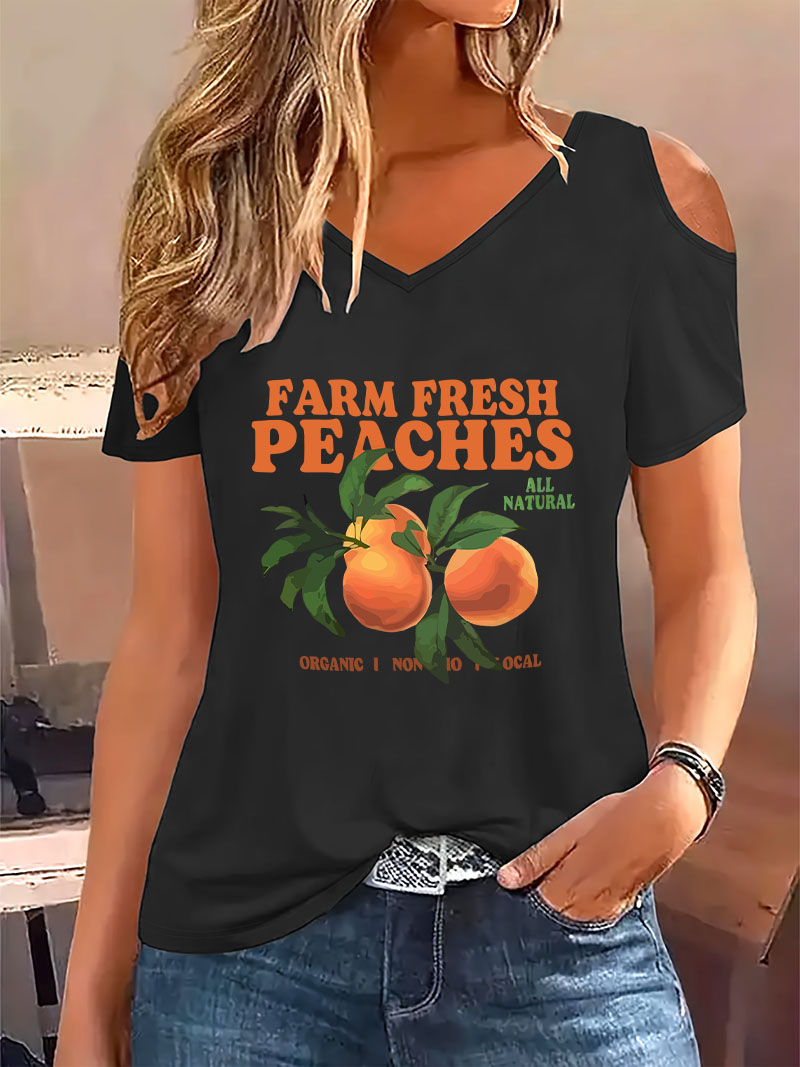 Summer Clothing Drop - Fashion Peaches Print V-Neck T-shirt Short