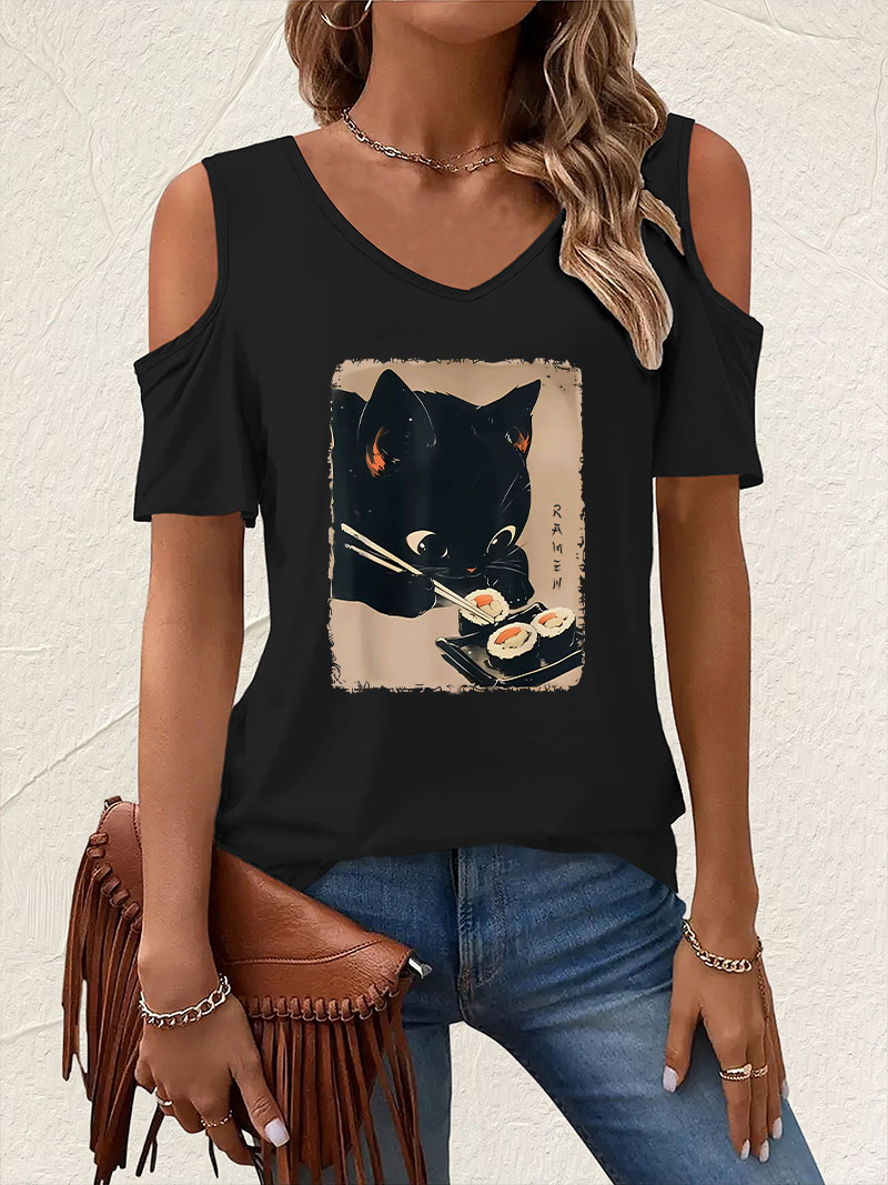 Summer Clothing Drop - Japanese Style Cat Eat Ramen V-Neck