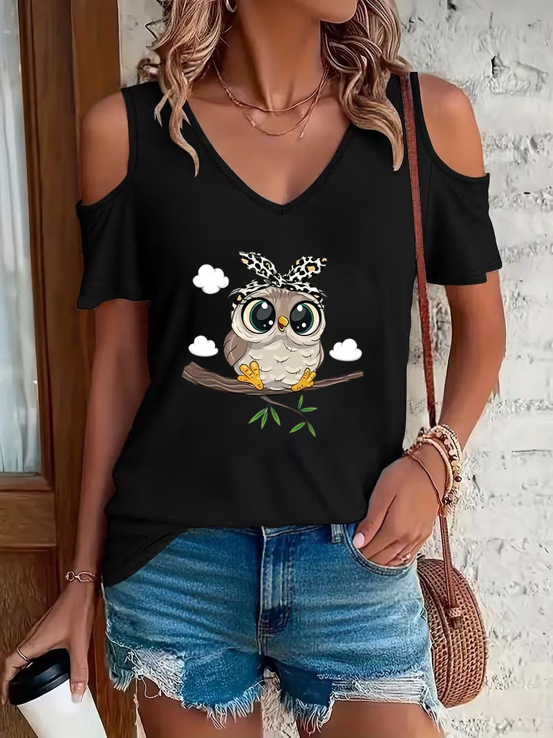 Trendy Cartoon Owl Print Off-S - Summer Clothing Drop 评论和价格