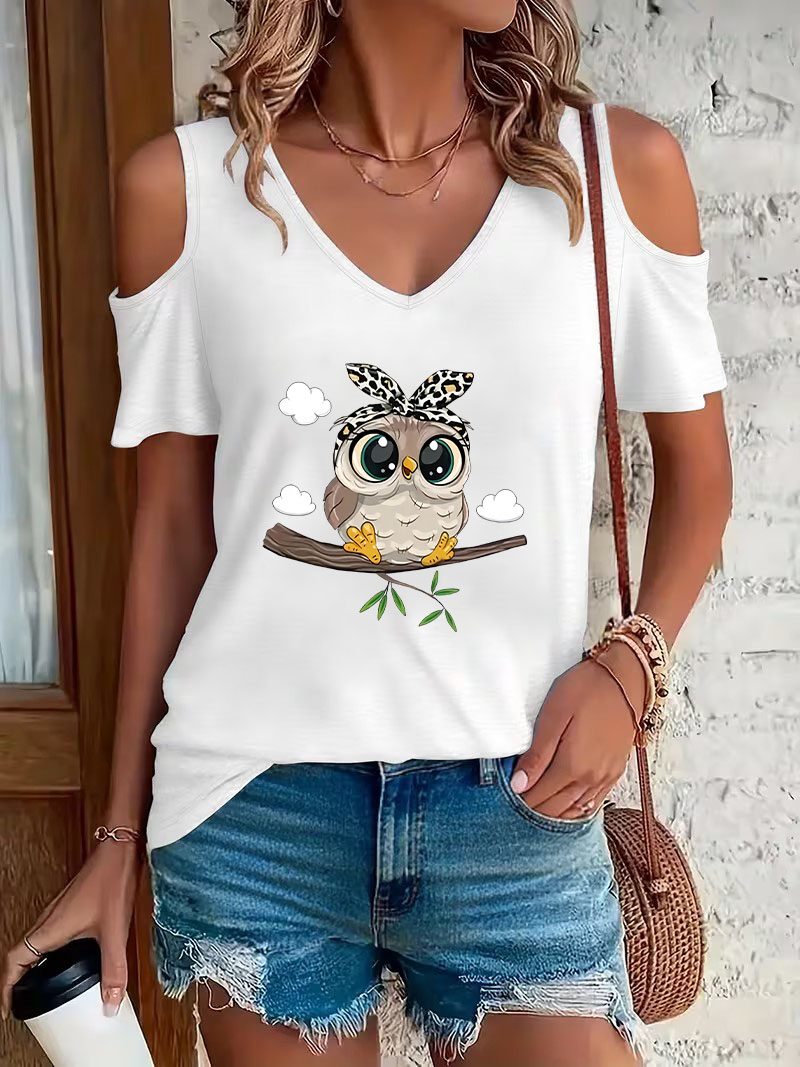 Trendy Cartoon Owl Print Off-S - Summer Clothing Drop 评论和价格