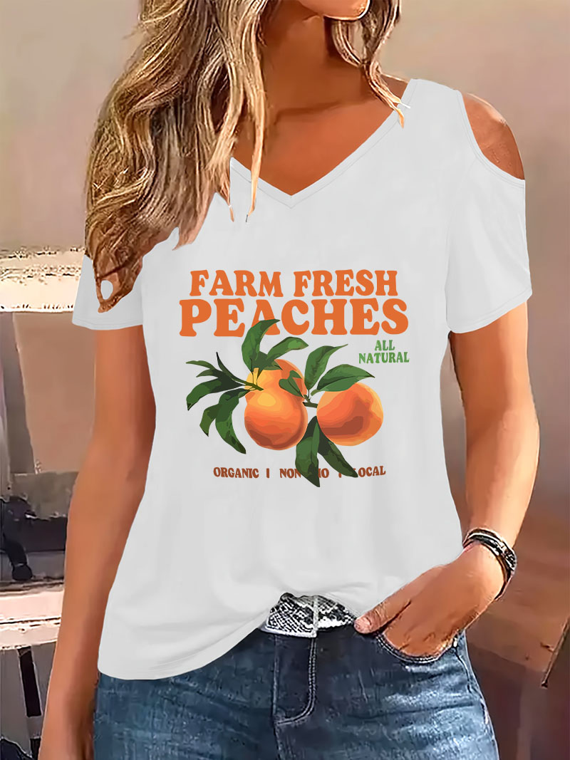 Fashion Peaches Print V-Neck T - Summer Clothing Drop 评论和价格