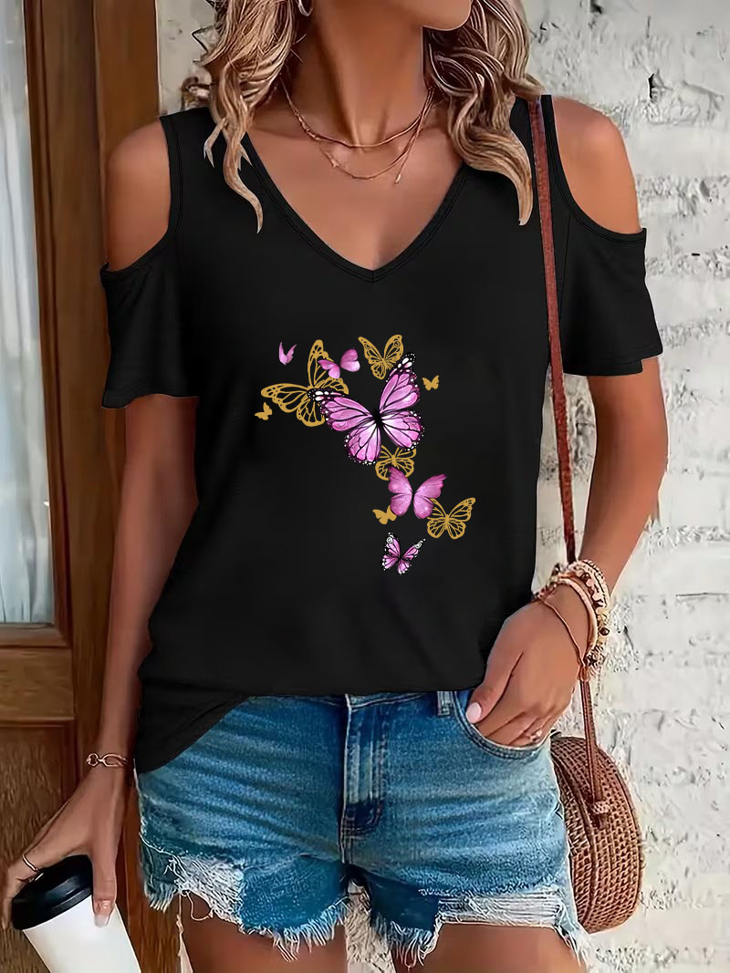 Trendy Butterfly Print T-shirt - Summer Clothing Drop 评论和价格