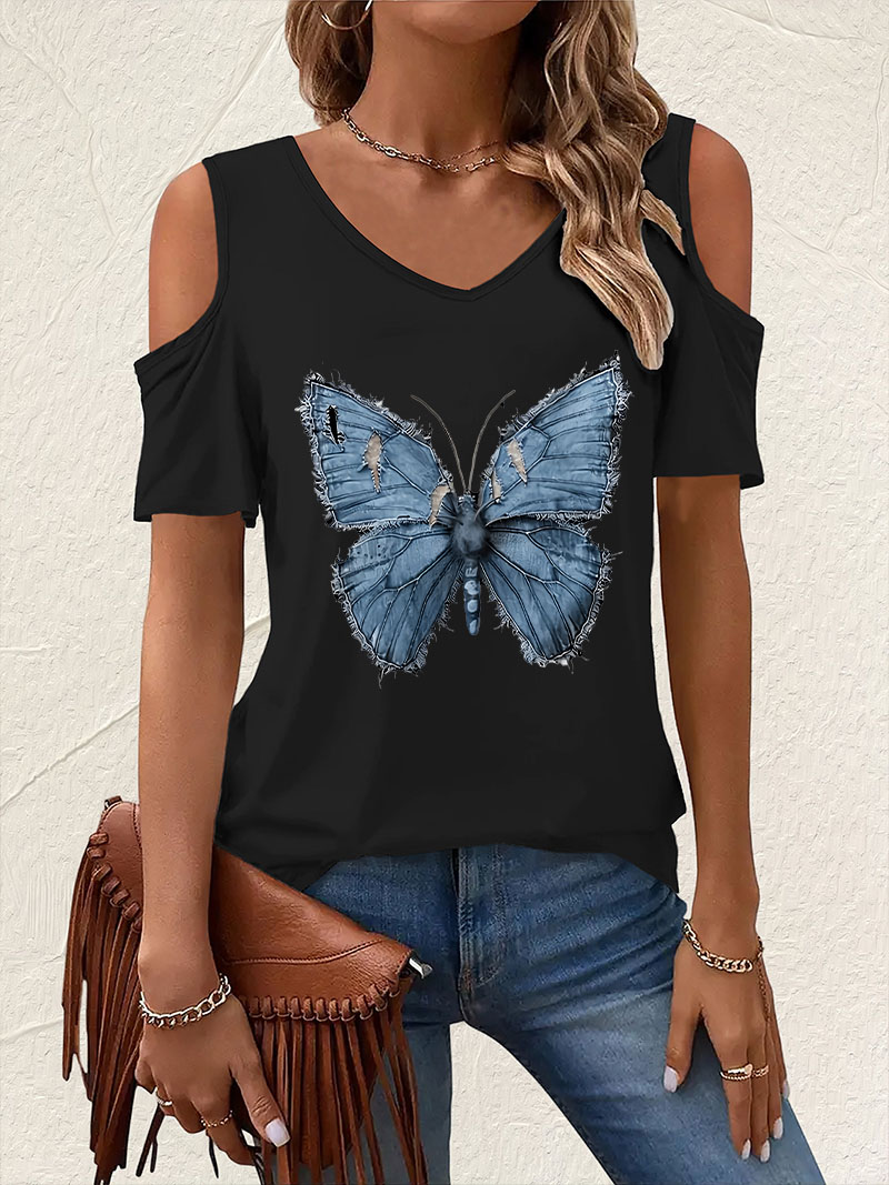 Vintage V-Neck Butterfly Print - Summer Clothing Drop 评论和价格