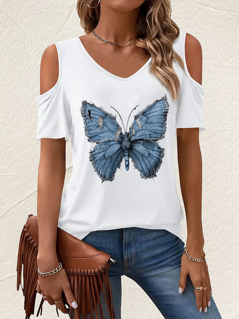 Vintage V-Neck Butterfly Print - Summer Clothing Drop 评论和价格